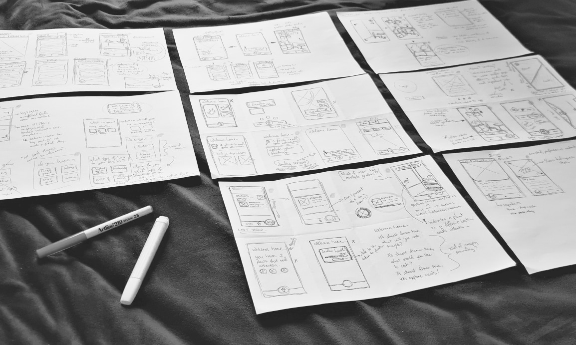 black and white photo of original wireframe sketches